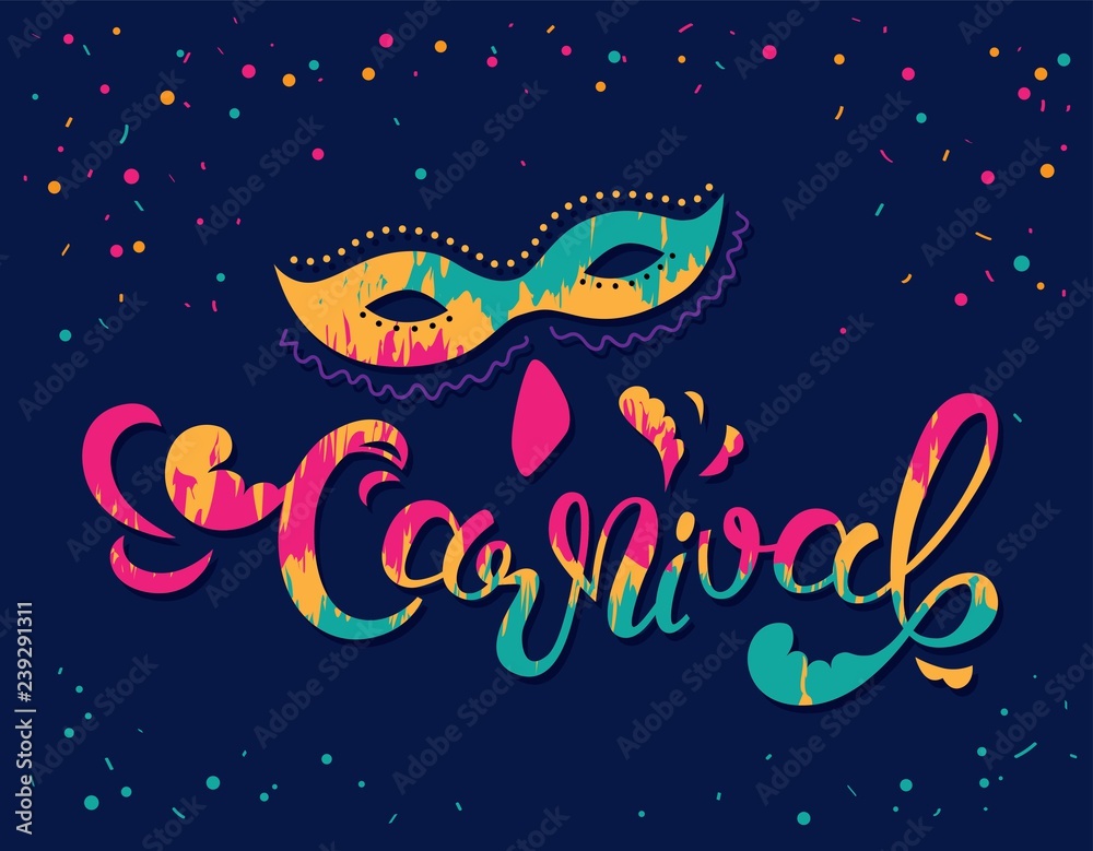 Fototapeta premium Carnival hand drawn lettering design, Masquerade Mask