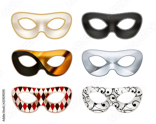 Set of bright colorful masquerade masks on white
