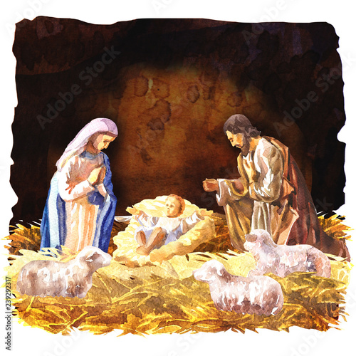 Fotografie Traditional Christmas Crib, Holy Family, Christmas nativity scene with baby Jesu