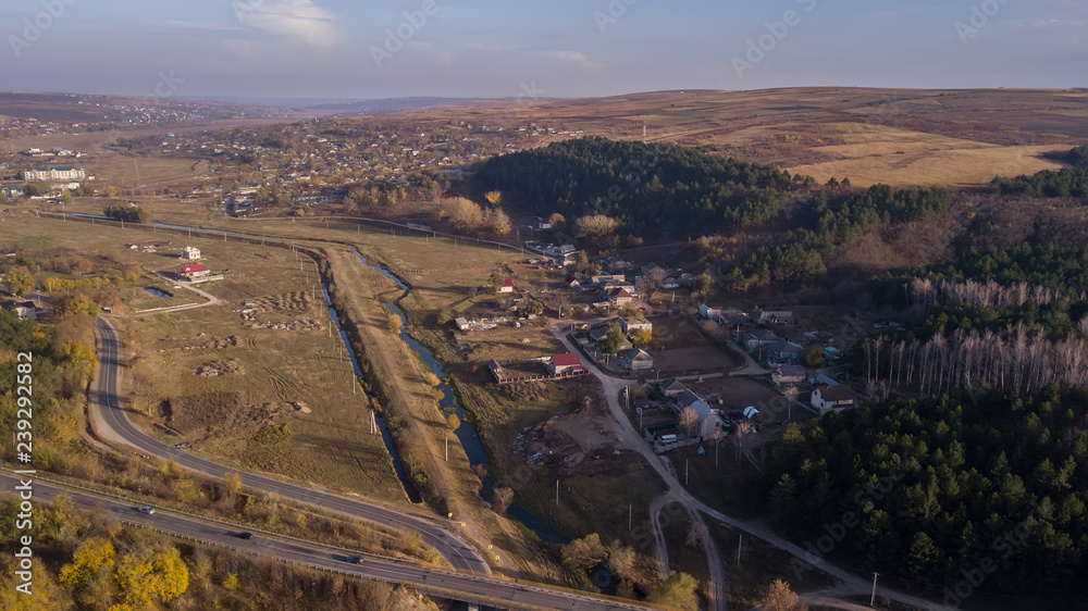 Aerial view over small village