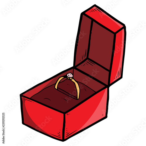 Box with an engagement ring. Vector illustration red box with ring. Hand drawn ring with a diamond in a velvet box.