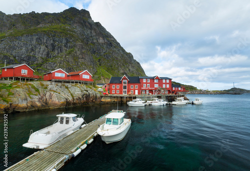 Beautiful day view over the traditional red wooden houses, Rorbuer and the port of Å, Moskenes, Lofoten islands,Norway.