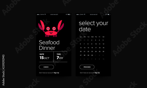 Seafood Dinner Book Table with Cute Crab Cartoon App UX and UI For Phone Screen