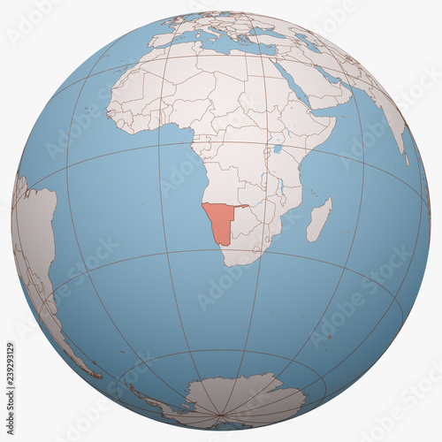 Namibia on the globe. Earth hemisphere centered at the location of the Republic of Namibia. Namibia map.