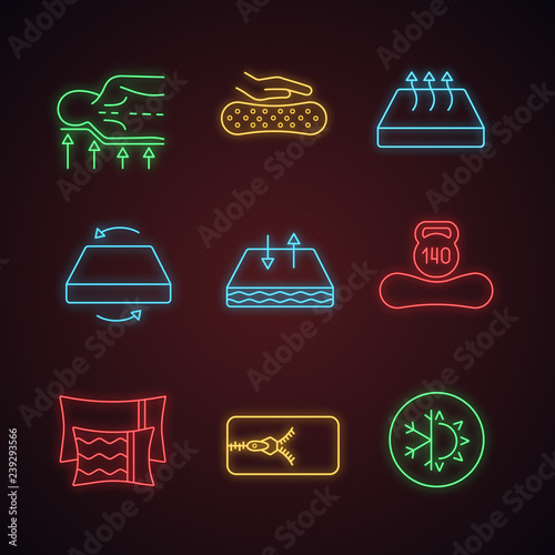 Mattress neon light icons set
