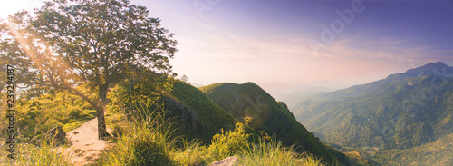 magic beautiful view from little Adams peak at Sri Lanka. Fresh nature background. High mountain with trees, blue sky.