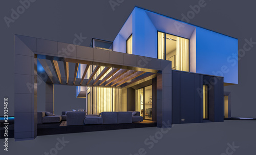 3d rendering of modern cozy house by the river with garage for sale or rent. Cool evening with soft light from window. Isolated on gray