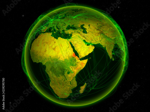 Eritrea from space on planet Earth with digital network representing international communication, technology and travel.