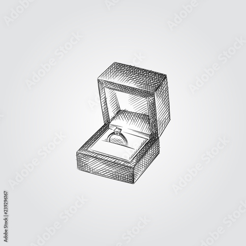 Hand Drawn Ring in a gift box Sketch isolated on white background. Vector Jewelry In Trendy Style. Accessories hand drawing sketches elements