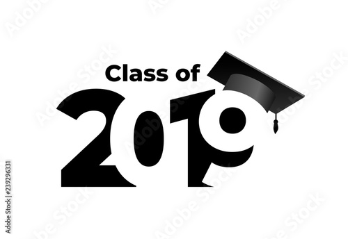 Class of 2019 with graduation cap. Text design pattern. Vector illustration. Isolated on white background.