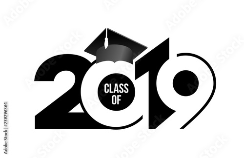 Class of 2019 with graduation cap. Text design pattern. Vector illustration. Isolated on white background.