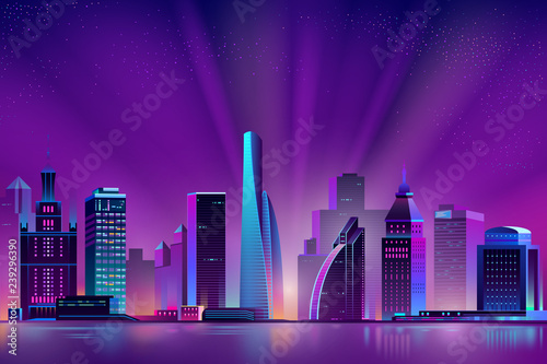 Vector modern megapolis at dawn. Bright glowing of rising sun on buildings. Urban skyscrapers in neon colors, town exterior, architecture background. Residential construction for cityscape concept.