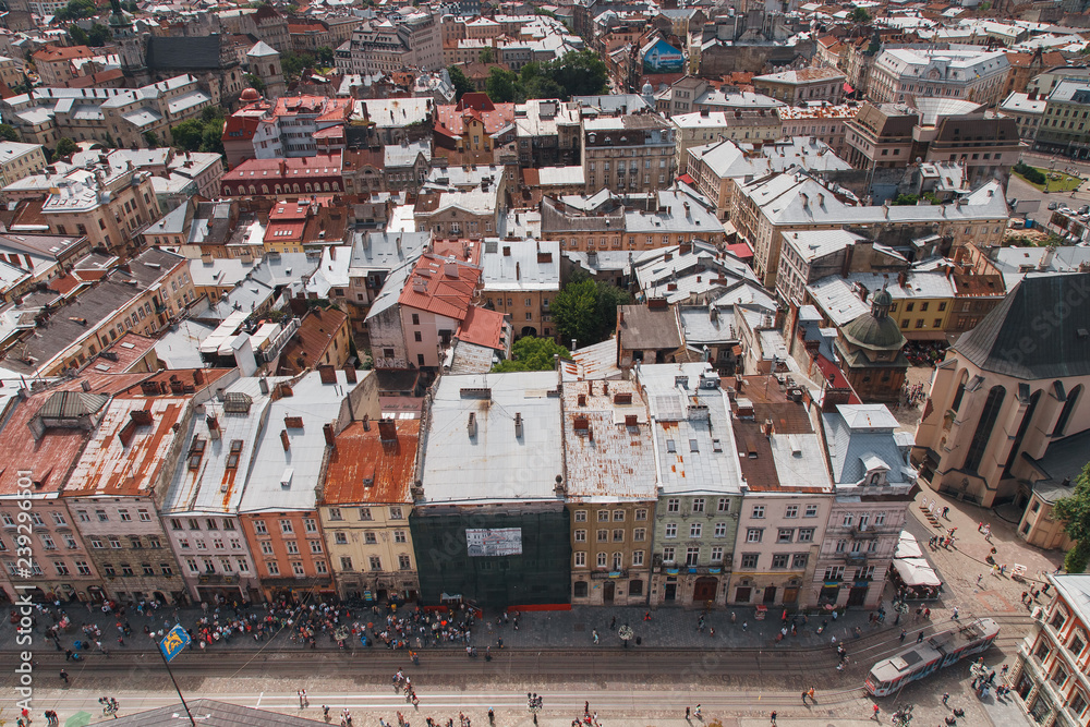 Top view from of the city hall in Lviv. Photo of the old roofs of the city of Lviv made with the town hall.