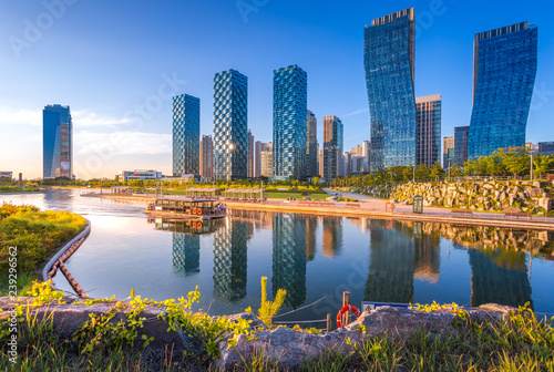 Seoul city with Beautiful sunset, Central park in Songdo International Business District, Incheon South Korea. photo