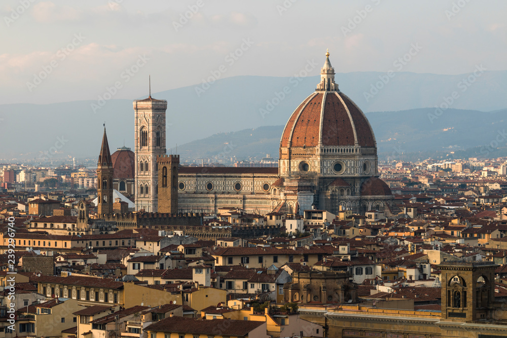 Panoramic view of Florence, Italia, at sunset. Famous view on Firenze and Santa Maria del Fiore Cathedral from the Michelangelo Square (Piazzale Michelangelo) in Florence, Tuscany, Italy. - Image