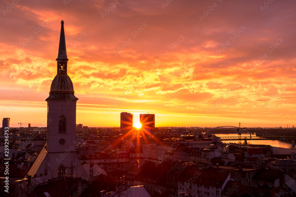 Bratislava, Slovakia - March 19, 2017: Panoramic city view of Slovak capital at dawn