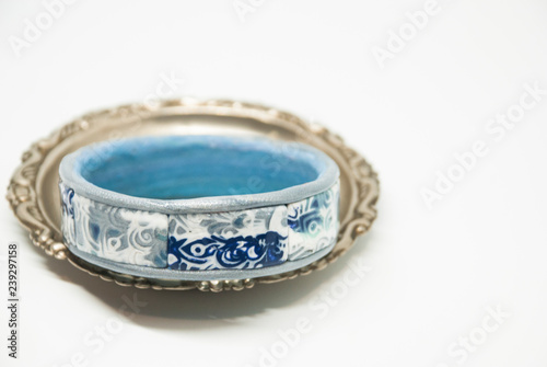 Boho vintage blue and white silver bangle. Handmade fashion bracelet.