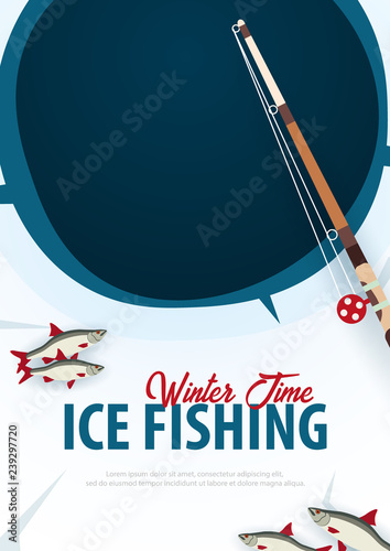 Winter Ice Fishing on the lake. Banner with fish, rod and ice screw. Vector Flat illustration.