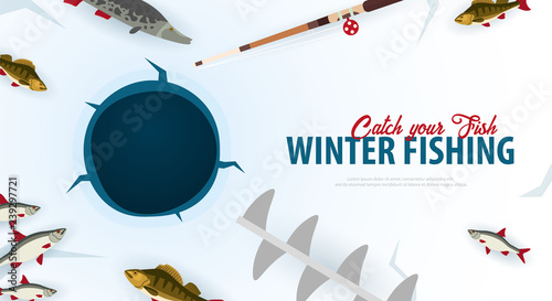 Winter Ice Fishing on the lake. Banner with fish, rod and ice screw. Vector Flat illustration.