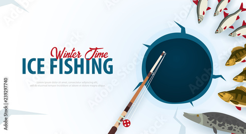 Winter Ice Fishing on the lake. Banner with fish, rod and ice screw. Vector Flat illustration.