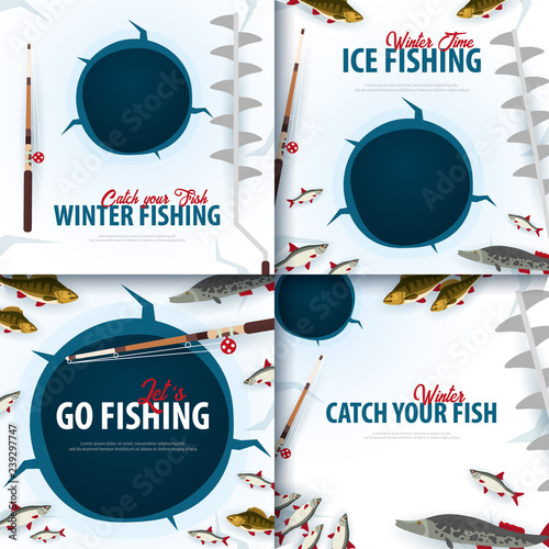 Winter Ice Fishing on the lake. Set of Banners with fish, rod and ice screw. Vector Flat illustration. photo