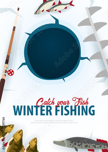 Winter Ice Fishing on the lake. Banner with fish, rod and ice screw. Vector Flat illustration.