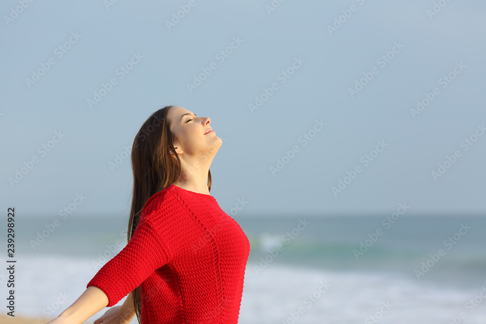 Lady in red breathing fresh air on the beach Lady in red breathing fresh air on the beach