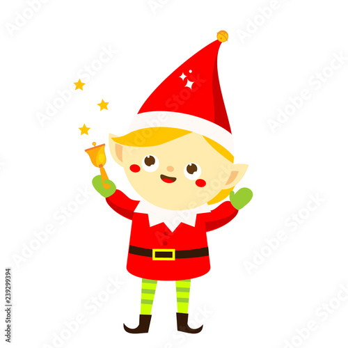 Christmas elf. Cute Santa's helper holding bell. Cartoon character for new Year greeting design © ksuklein