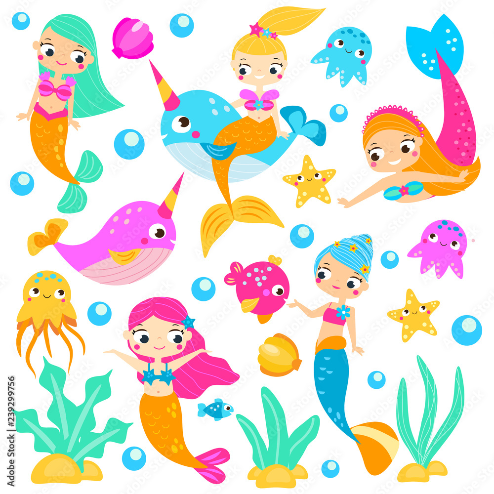 Obraz premium Cute mermaids. Cartoon mermaid, narwhals, fishes and other underwater characters. Stickers, clip art, isolated elements
