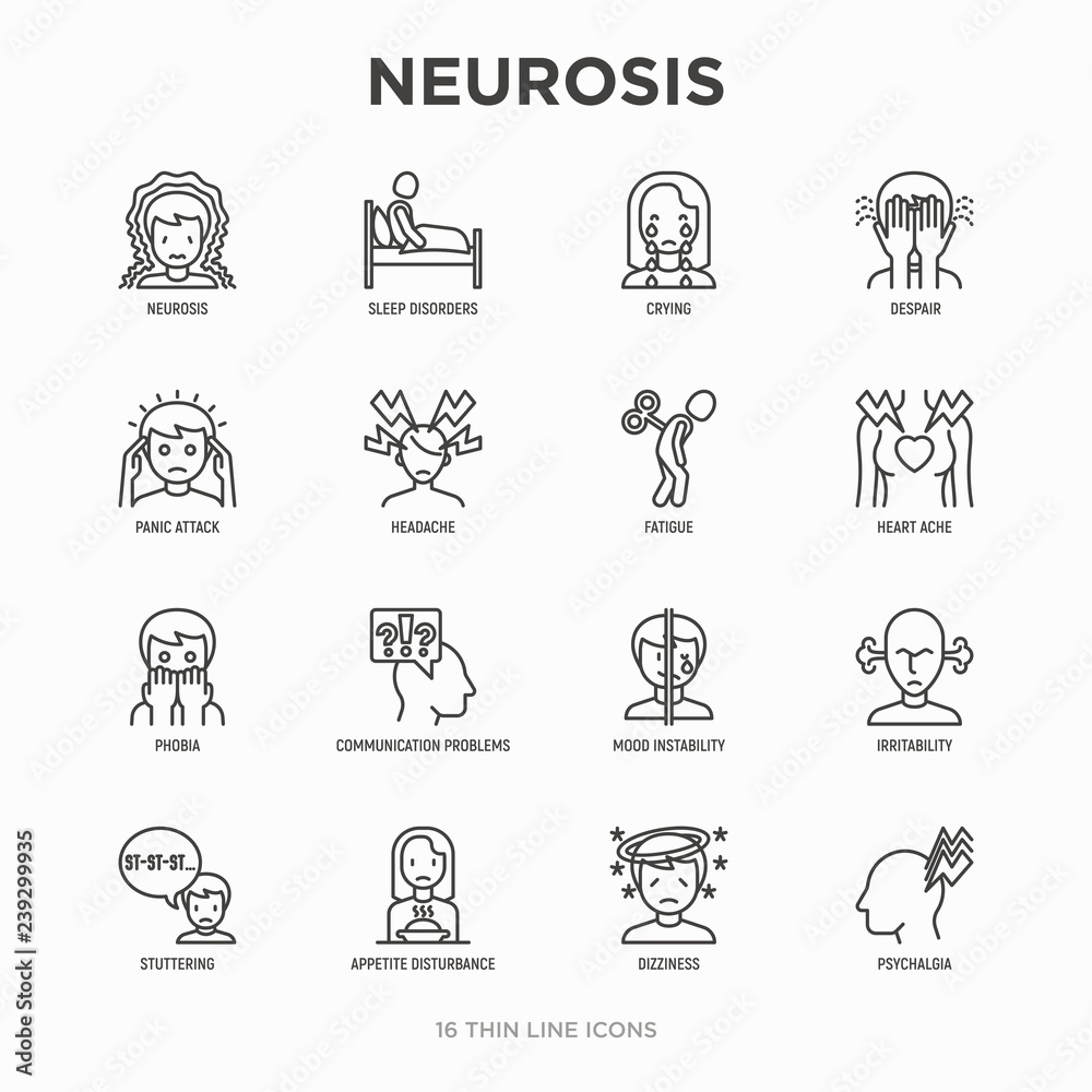 Neurosis thin line icon set: panic attack, headache, fatigue, insomnia, despair, phobia, mood instability, stuttering, psychalgia, dizziness. Modern vector illustration. Neurosis thin line icon set: panic attack, headache, fatigue, insomnia, despair, phobia, mood instability, stuttering, psychalgia, dizziness. Modern vector illustration.