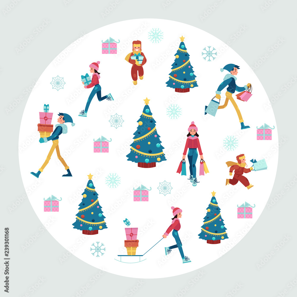 Vector illustration of Christmas and New Year banner with people in warm clothing carrying shopping bags and gift boxes and decorated tree in white round shape for seasonal design in flat style.