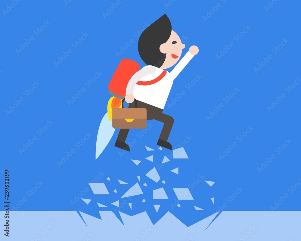 Businessman with jetpack flying through a glass Businessman with jetpack flying through a glass