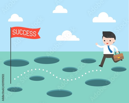 Businessman and the route to success, planning and obstacle avoidance concept