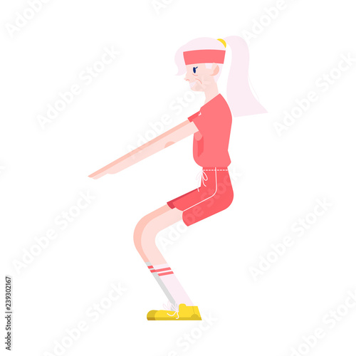 Vector illustration of grandmother making squats in flat style - active aged female character doing fitness exercises isolated on white background for healthy and sporty lifestyle in old age concept.