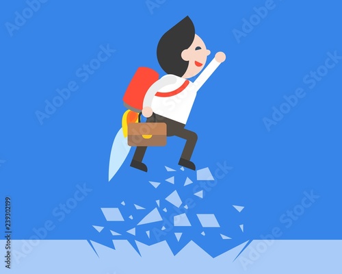 Businessman with jetpack flying through a glass