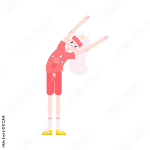 Vector illustration of grandmother making torso bending sideways with hands up in flat style - healthy and smiling aged female character doing sport exercises isolated on white background.