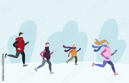 People running together outside in winter cold season. Handdrawn vector illustration