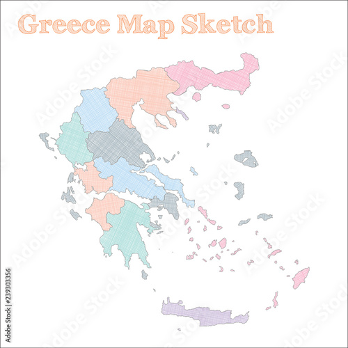 Greece map. Hand-drawn country. Imaginative sketchy Greece map with regions. Vector illustration.