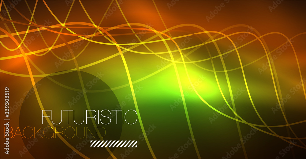 Abstract shiny glowinng color wave design element on dark background - science or technology concept