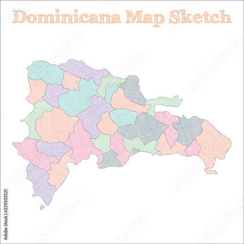 Dominicana map. Hand-drawn country. Exquisite sketchy Dominicana map with regions. Vector illustration.