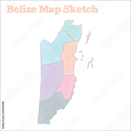Belize map. Hand-drawn country. Captivating sketchy Belize map with regions. Vector illustration.