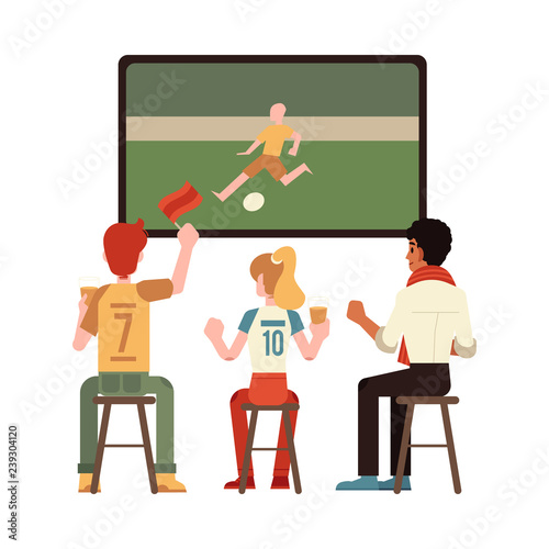 Vector cheerful men and woman sitting at chair at pub, bar or cafe holding glass of beer raising hand up watching football match on tv rooting for the team. Isolated illustration