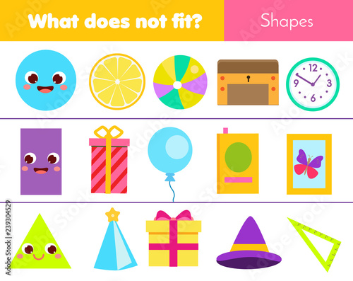 Educational children game. Logic game. What does not fit type. learning geometric shapes for kids and toddlers