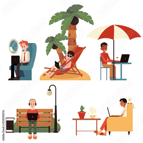 Vector cartoon freelance distant work concept people set. Men working from tropical island, during business flight, sitting at park bench, in cafe and from cozy sofa at home typing at laptop