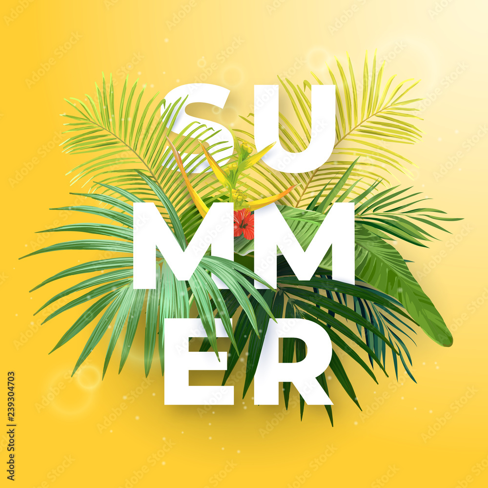 Green summer tropical background with exotic palm leaves and hibiscus flowers. Vector floral background.