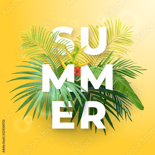 Green summer tropical background with exotic palm leaves and hibiscus flowers. Vector floral background.