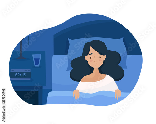 Sleepless girl suffers from insomnia. Woman in bed with open eyes in darkness night room. Flat cartoon style vector illustration.
