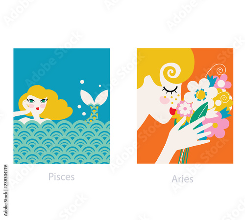 Pisces and aries fashion woman horoscope signs. vector illustration. 