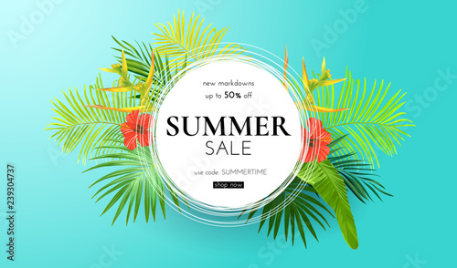 Green summer tropical background with exotic palm leaves and hibiscus flowers. Vector floral background. Sale banner or flyer template.