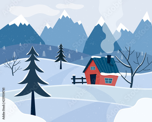 Winter snowy landscape with mountains and country house. Christmas season. Flat cartoon style vector illustration.